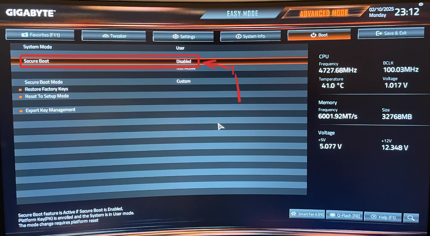 Disable secure
boot.