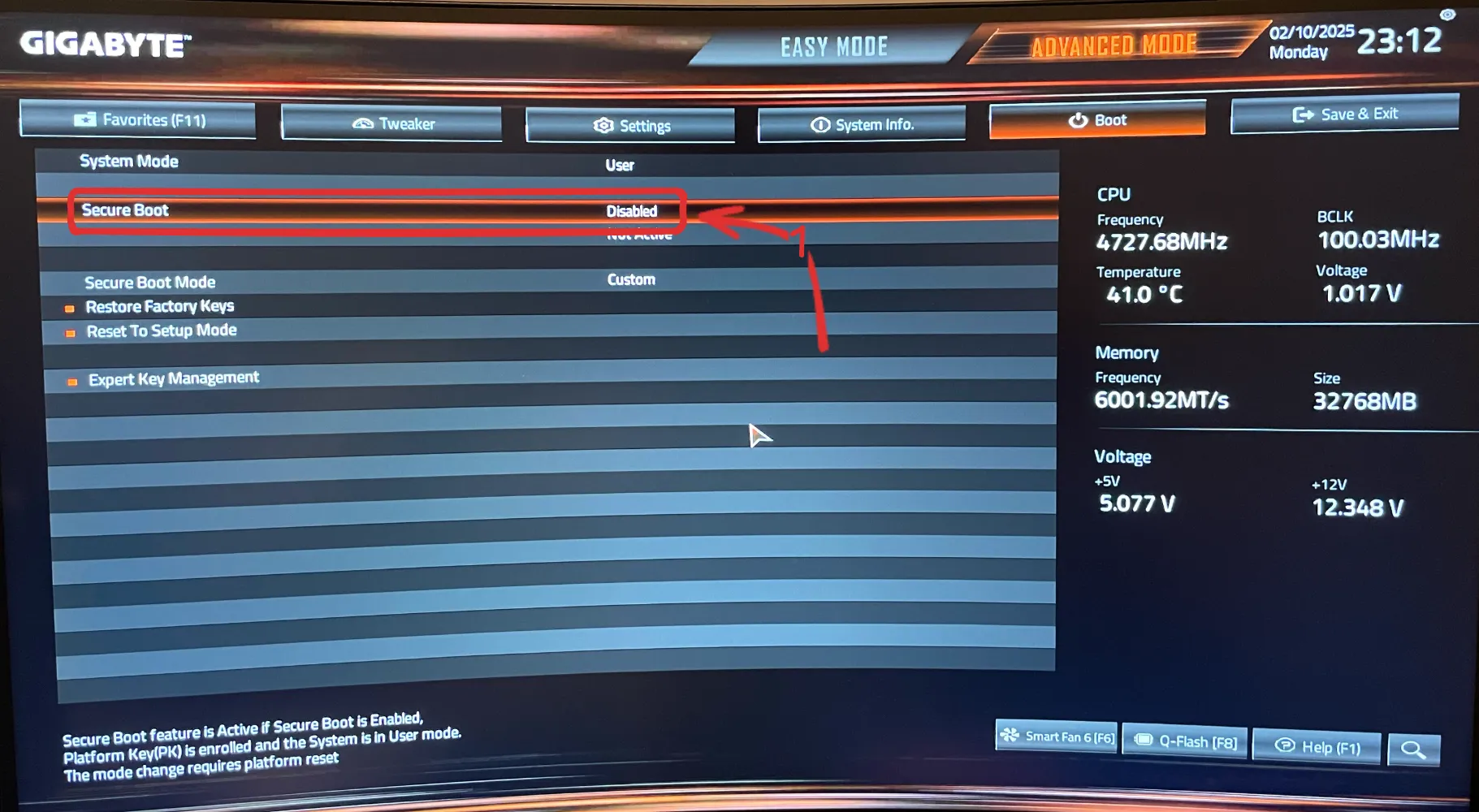 Disable secure
boot.