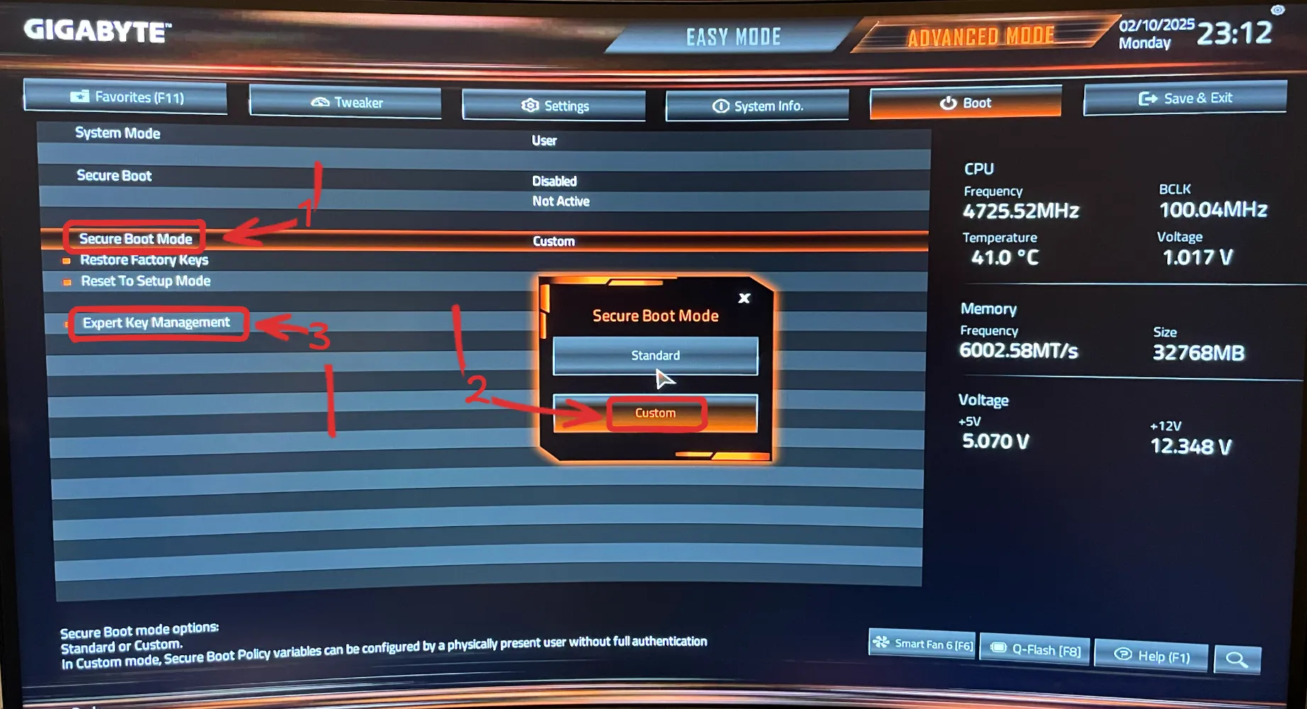 Switch to the custom secure boot
mode.
