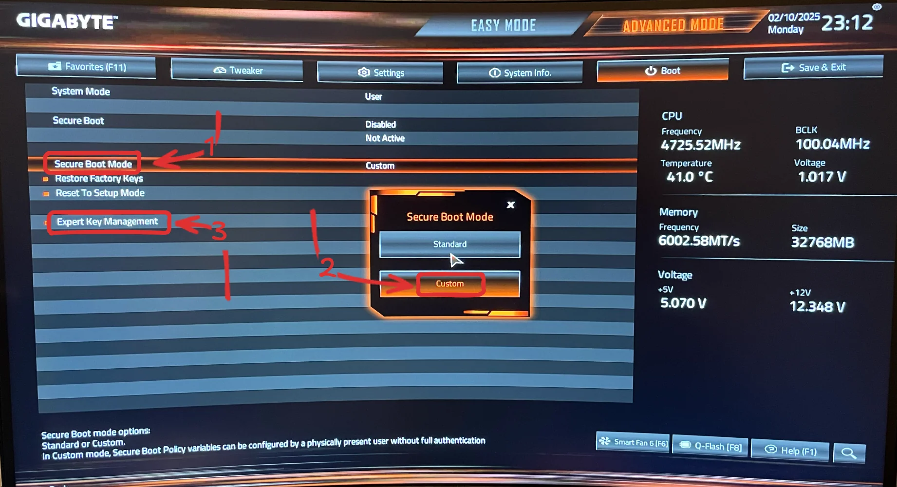 Switch to the custom secure boot
mode.