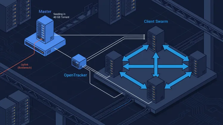 A master node seeding a 40 GB torrent to a swarm of client nodes connected to a private tracker, with the master uploading only one copy of the data