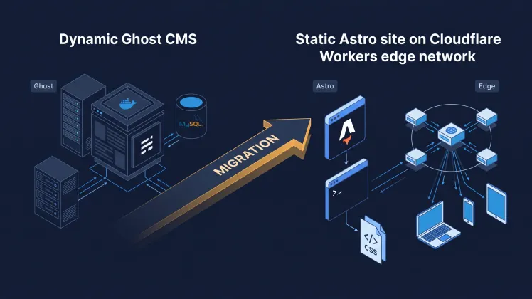 Architecture diagram showing migration from dynamic Ghost CMS to static Astro site on Cloudflare Workers edge network